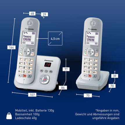 Panasonic KX-TG6862GS juhtmeta telefon kahe telefonitoruga ja automaatvastajaga (blokeerib kuni 1000 telefoninumbrit, selge kirjasuurus, valju telefonitoru, täisdupleks handsfree) pärlhõbedane
