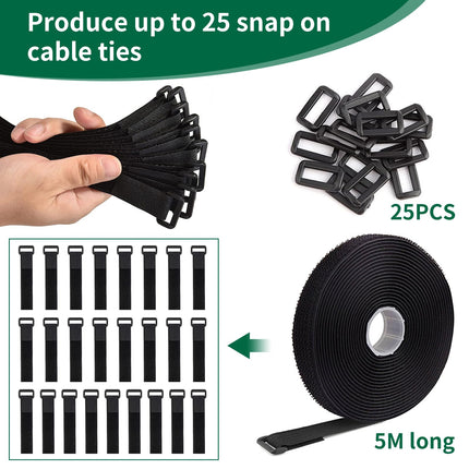 Reusable cable ties with 25 buckles, black, 5 m x 2 cm, black, adjustable fastening, cable ties, hook and loop fastener for cable management, cable management