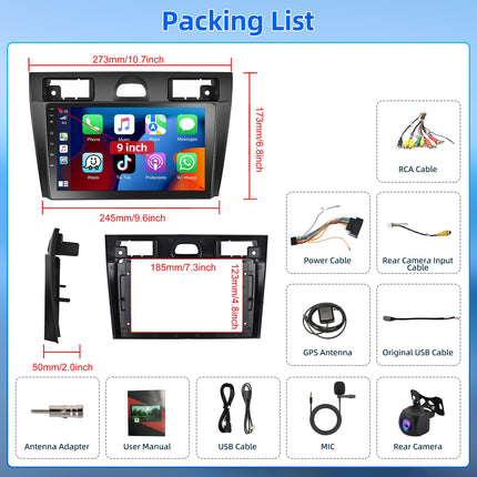 Podofo autoraadio Ford Fiesta Mk VI Mk5 2006-2011 koos Carplay, Android Auto, Android 13 2+64G 9'' puutetundliku ekraaniga raadio Bluetoothi, WiFi, GPS ja tahavaatekaameraga