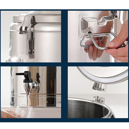 Insulated stainless steel beverage dispenser, keeps drinks hot or cold, commercial thermal bucket for coffee, tea, water, ideal for catering or events