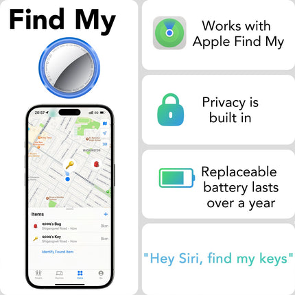 QCOQ õhujälgimissildid – 4 tk sinist, Bluetooth-jälgimissildid töötavad Apple Find My rakendusega (ainult iOS), nutikas silt kaitseümbrise/võtmehoidjaga, esemete leidja pagasi/võtmete/kohvri/seljakoti jaoks