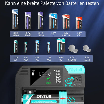 Dlyfull akutester kõikidele patareidele, magnetiline universaalne LCD-akukontroll AAA AA CD 9V ja nööppatareidele, lihtne laetav akutester 1,2 V, 1,5 V, 3 V ja 3,7 V jaoks, USB-C kaabliga