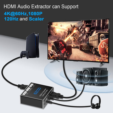 HDMI 2.0 heliekstraktor 4K 60Hz PS5 1080P 120Hz 4:4:4 HDCP 2.2 18 Gbit/s D-olby Vision HDR DE-Embed SPDIF optiline 5.1CH 3.5mm stereo L/R heliväljund Digitaalne heli EDID haldus, skaleerija 4k 1080P