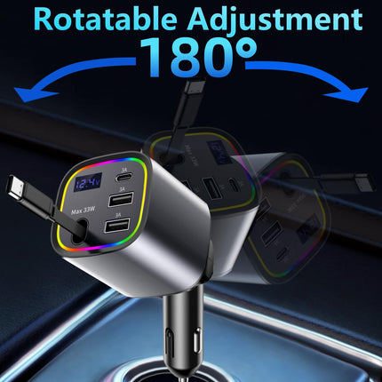 AGEMANY USB sigaretisüütaja adapter 78W, 4-ühes autolaadija sigaretisüütaja USB C kiirlaadija autotelefoni laadijad sissetõmmatav RGB-tulega iPhone'ile, Androidile, autotarvikud (hall)