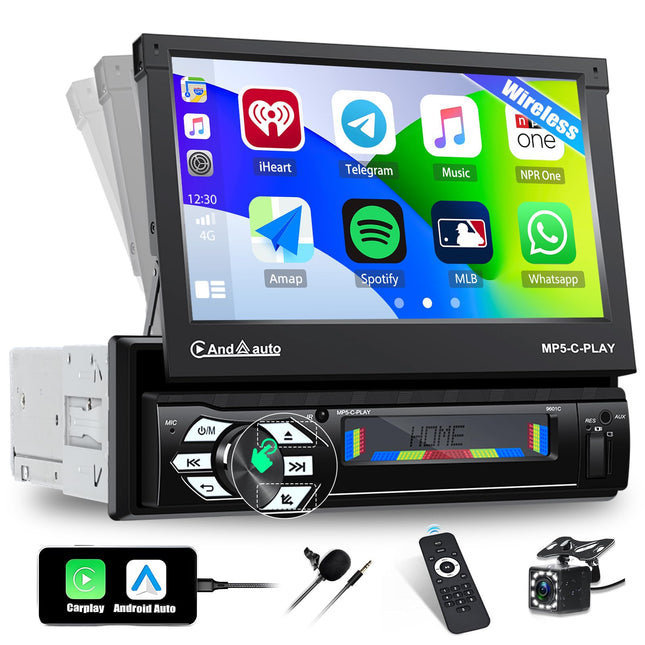 CAMECHO 1 DIN Carplay/Android Auto/Peeglingi autoraadio ekraaniga, 7-tolline mootoriga pikendatav puutetundlik ekraan, autoraadio Bluetooth peeglilingiga (Android/IOS) + väline mikrofon + tahavaatekaamera
