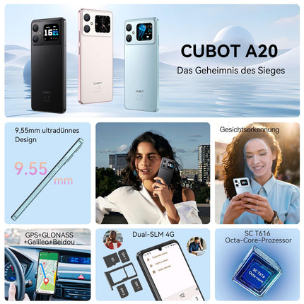 CUBOT A20 nutitelefon ilma lepinguta Android 14, 6.8'' HD+ kaheksatuumaline 90Hz odav mobiiltelefon, 12GB+128GB/1TB laiendatav kahe SIM-kaardiga 4G SIM-vaba mobiiltelefon, 48MP+16MP, 5100mAh, 1.83'' tagumine ekraan, OTG-sinine