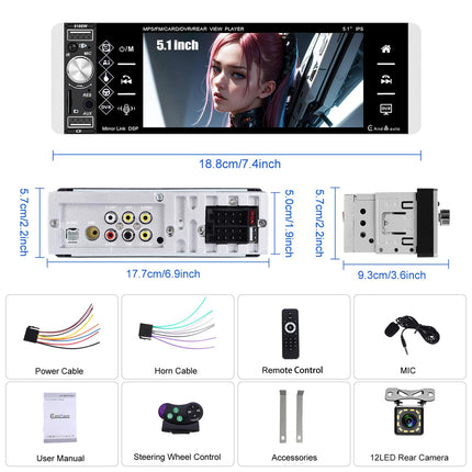 Wireless Carplay CAMECHO Car Radio 1 Din with Bluetooth Handsfree System, with 5.1 inch Screen Wireless Android Auto Mirror Link FM/AM/RDS and USB + Steering Wheel Controller Rear View Camera