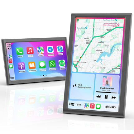 Krunia 7" Wireless Portable 60FPS Car Play Display for Apple CarPlay &amp; Android Auto, Portrait and Landscape Mode, Mirror Link, Bluetooth, Voice Control, GPS Navigation, Optional Rear View Camera Possible
