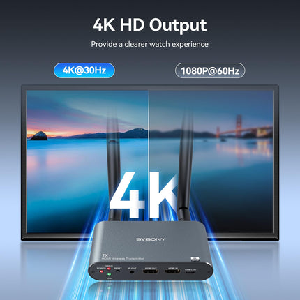 Svbony TransAir2 4K HDMI pikamaa edastussüsteem, toetab maksimaalselt 1TX kuni 4RX, 4K saatjat ja vastuvõtjat, latentsusaega 0,06 s, edastusulatust 300 m, silmusväljundit ja IR-kaugjuhtimispulti.