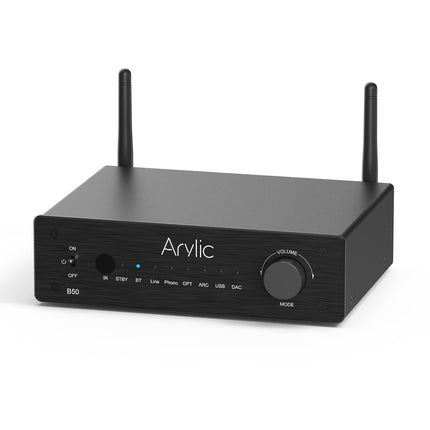 Arylic B50 võimendi Bluetoothiga, stereovõimendi, 2-kanaliga 50W*2 kodukino võimendi, HDMI, ARC, OPT, DAC ja Phono sisendiga. Toetab aptX kõrglahutusega muusika edastamist ja vastuvõtmist.