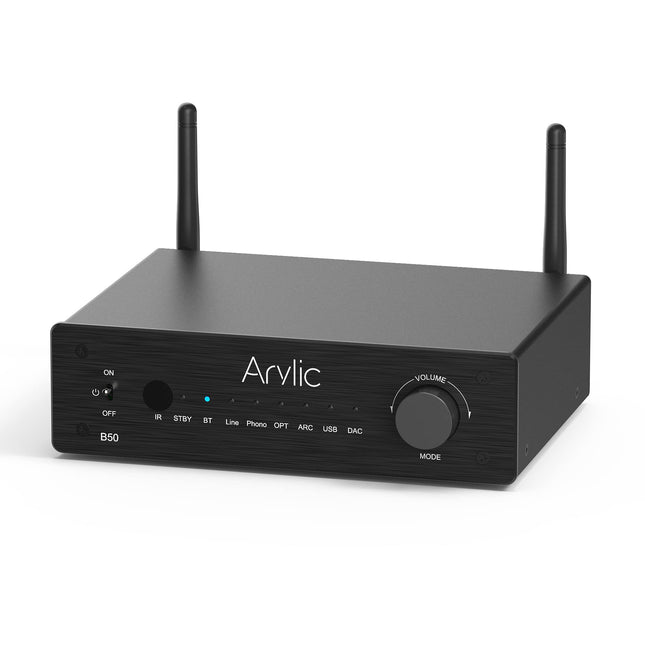 Arylic B50 võimendi Bluetoothiga, stereovõimendi, 2-kanaliga 50W*2 kodukino võimendi, HDMI, ARC, OPT, DAC ja Phono sisendiga. Toetab aptX kõrglahutusega muusika edastamist ja vastuvõtmist.