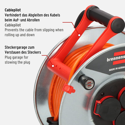 Brennenstuhl Garant S V2 IP44 cable reel (40m cable in orange) and Brennenstuhl BREMAXX® extension cable V2 (25m cable in orange, IP44, usable down to -35°C, oil and UV resistant)