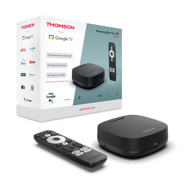 Thomson Streaming Box 270 Plus | Integreeritud kõlar hääljuhtimiseks | Google TV | Netflix, Disney+ | 4K UHD | Striimimine WiFi kaudu | Google Cast | 32 GB salvestusruumi