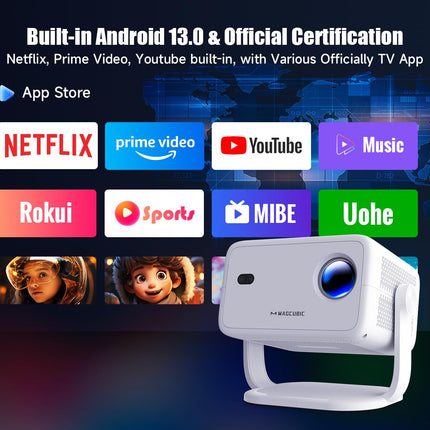 [Netflixi litsents] Android 13 nutiprojektor 4K toega koos ametlike telerirakendustega, 1080P natiivprojektor 5G WiFi BT5.2-ga, autofookus, automaatne trapetsikorrektsioon, kaasaskantav projektor kodukinole