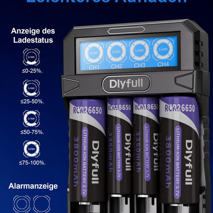 Dlyfull 18650 laadija, universaalne akulaadija LCD-ekraaniga 3,7 V liitiumioonaku jaoks 18650 21700 18700 26650 22650 20700 16340(RCR123) 14500 kaasaskantav USB-C akulaadija, 4 pesa