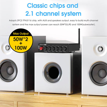 Nobsound NS-14G 2.1 võimendi, helivõimendi, Bluetooth 5.0 HiFi stereo 200W 2.1-kanaliga subwoofer-võimsusvõimendi kõrgete ja bassisageduste juhtimisega kodu- ja autokõlaritele