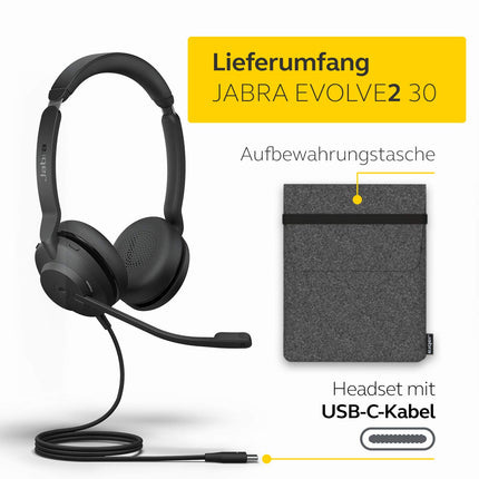 Jabra Evolve2 30 peakomplekt – stereo mürasummutavad kõrvaklapid – UC sertifitseeritud – kahe mikrofoniga kõnetehnoloogiaga – USB-C kaabel – must