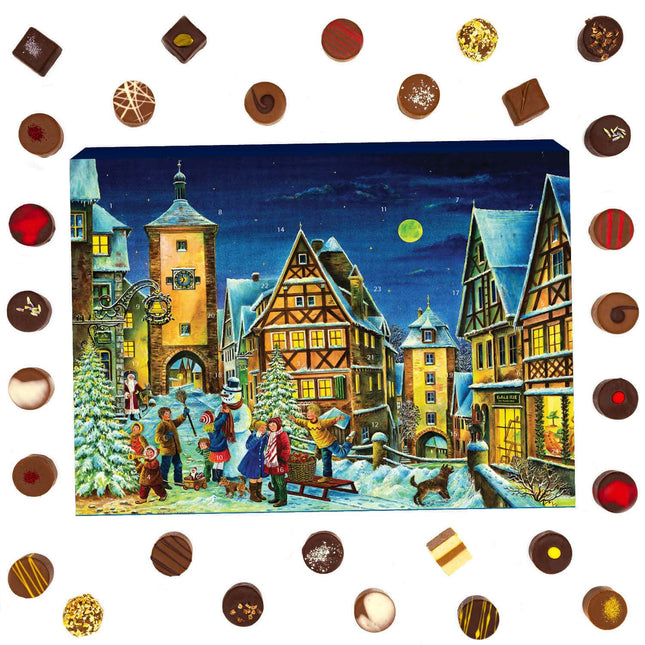 Hallingers Rothenburg - Advendikalender šokolaadide kingitus, käsitsi valmistatud ilma alkoholita peenest kakaošokolaadist (karp) - Emadepäeva kingitus ja kingiideed isadepäevaks | Palju õnne Hanuka sõpruse geeni puhul
