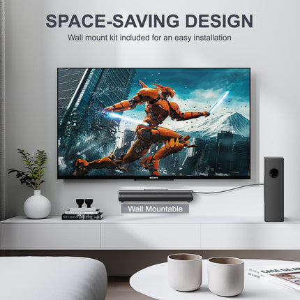 EnjoyNest heliriba subwooferiga, 2.1-kanaliga heliriba nutiteleritele, 16-tolline, Bluetooth, optiline, HDMI (ARC), AUX, koaksiaal- ja USB-ühendus, seinale kinnitatav, 50 vatti