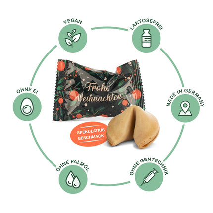 FOOD Crew 30x Christmas fortune cookies with speculatius flavor - fortune cookies - Christmas sweets - pastries individually wrapped with German sayings - vegan - Made in Germany