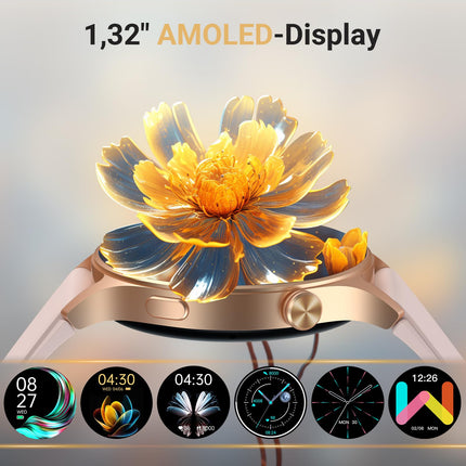 Naiste nutikell ümmargune telefonifunktsiooniga - 1,32-tolline AMOLED-ekraan, fitnesskell 110+ spordirežiimi ja 3ATM-iga, aktiivsusmonitor iPhone'ile/Androidile sammulugejaga, pulsimõõtja/SpO2/unemonitoriga - hall-roosa