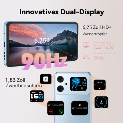 CUBOT A20 nutitelefon ilma lepinguta Android 14, 6.8'' HD+ kaheksatuumaline 90Hz odav mobiiltelefon, 12GB+128GB/1TB laiendatav kahe SIM-kaardiga 4G SIM-vaba mobiiltelefon, 48MP+16MP, 5100mAh, 1.83'' tagumine ekraan, OTG-sinine