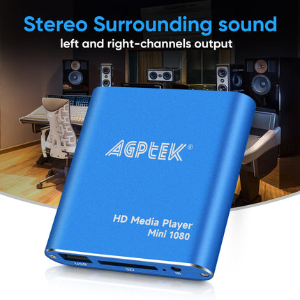 AGPTEK Mini 1080P Full HD digitaalne meediapleier Meediapleier kaugjuhtimispuldiga MP3, WMA, OGG, AAC, FLAC, APE, AC3, DTS, ATRA jaoks