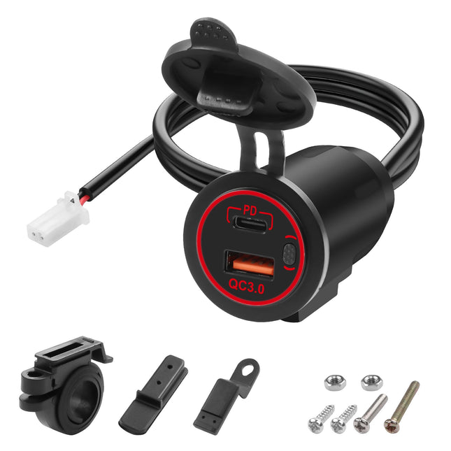 XMSJSIY mootorratta USB-laadija USB-C kiirlaadimispesa QC 3.0 18W USB-30W C-tüüpi kiirlaadimisadapter lülitiga lenkstangi tahavaatepeegli kinnitusega - 60CM/1.96FT