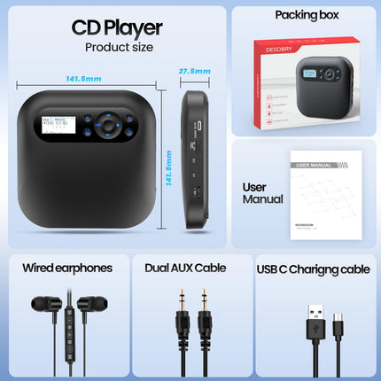Portable CD Player with Bluetooth, NEW Rechargeable Discman CD Player for Car with FM, Two Stereo Speakers, Anti-Skip, Two Headphone Jacks, for Gift, Home