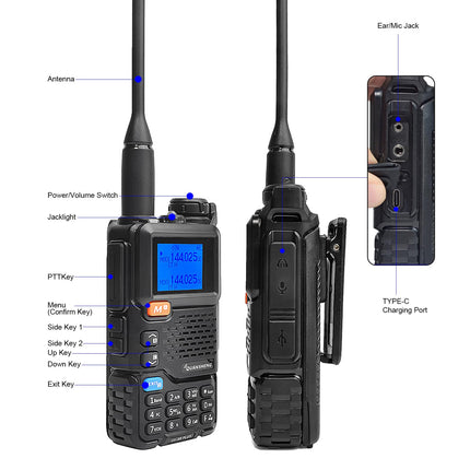 QUANSHENG UV-5RPLUS 5W raadiosaatja, pika levialaga laetav pihuraadio täiskasvanutele, politseiraadio FM, NOAA, C-tüüpi laadimisega, 200 kanaliga (UV-5RPLUS D-kujulise kõrvaklapiga)