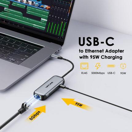 WAVLINK USB C to 5G Ethernet Adapter with 95W PD, USB C Adapter with 5000 Mbps, Ethernet Network Adapter for Laptops, Computers, Compatible with Windows 10/11, Mac OS 11 or higher, Linux and more