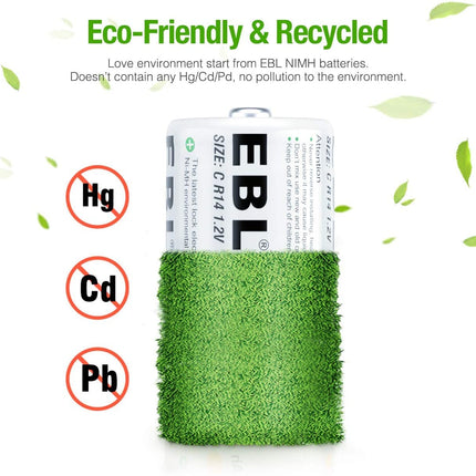 EBL Baby C Battery 5000 mAh - Type NI-MH Rechargeable C Batteries with Storage Box, Type C Battery 6 Pieces