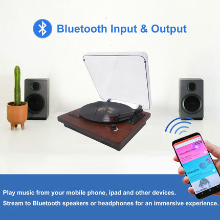 Vinüülplaadimängija kõlari ja Bluetoothi ​​saatmise ja vastuvõtmisega, FM-raadio, USB/SD salvestus, Aux-sisend, RCA-liiniväljund