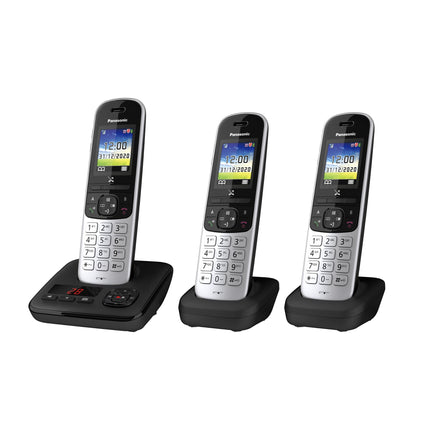 Panasonic KX-TGH723GS juhtmeta telefon automaatvastajaga (3 tk komplekt) (DECT-telefon, madala kiirgusega, värviline ekraan, kõneblokeering, käed-vabad režiim) must