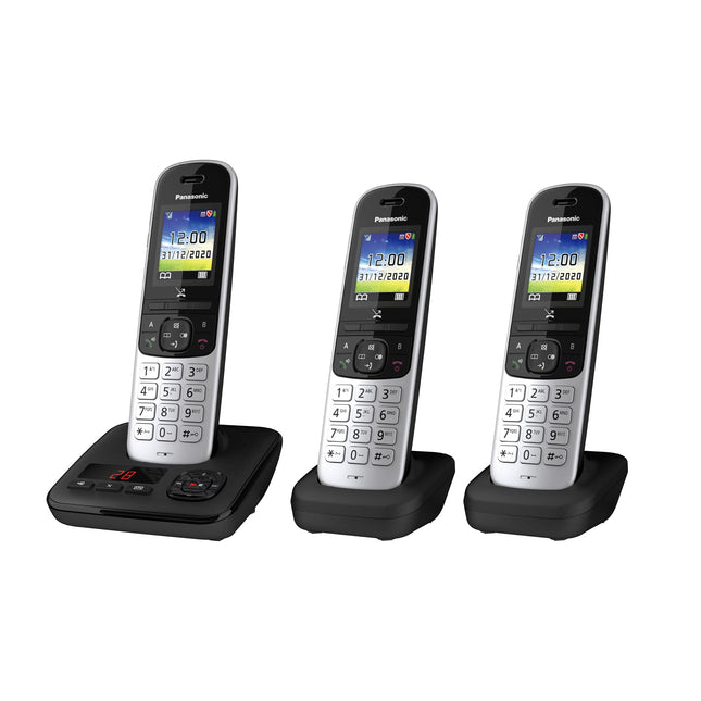Panasonic KX-TGH723GS juhtmeta telefon automaatvastajaga (3 tk komplekt) (DECT-telefon, madala kiirgusega, värviline ekraan, kõneblokeering, käed-vabad režiim) must