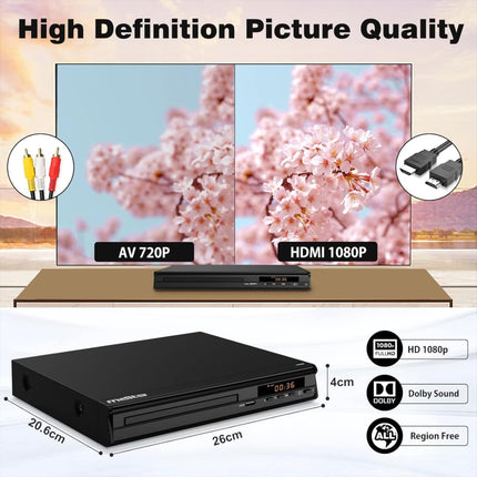 HDMI DVD-mängija 1080P, mitme regiooni tuvastus teleri jaoks, HDMI AV-port/USB/mikrofoni sisend, NTSC/PAL süsteem, kaugjuhtimispult, HD kõigi piirkondadega