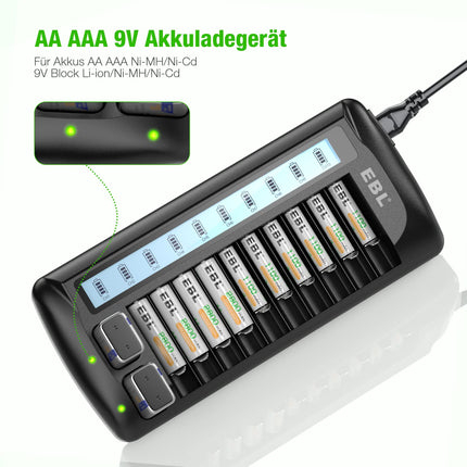 EBL 999 universaalne akulaadija AA AAA 9V Li-Ion/NiMH/NiCd akude jaoks, 12 laadimispesaga LCD-ekraaniga, mitmiklaadija