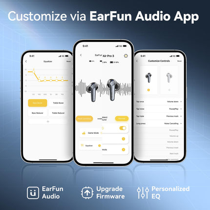 EarFun Air Pro 3 Bluetooth kõrvaklapid, 43dB hübriidsed aktiivse mürasummutusega juhtmevabad kõrvaklapid, HiFi heli Qualcomm aptX adaptiivne, 6 mikrofoni cVc 8.0 kõned, mitmikpunkt, 45H aku, rakenduse juhtimine