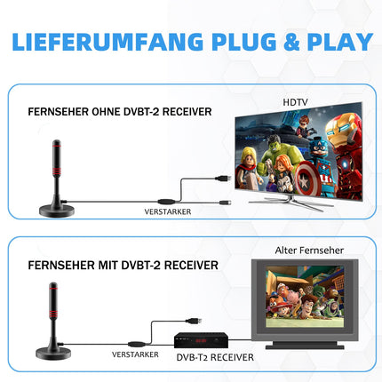 DVB-T/DVB-T2 antenn võimendiga - HDTV siseantenn teleritele, pika leviala ja 360° vastuvõtuga, magnetilise alusega - 5-meetrine kaabel, toetab 4K HD kanaleid ja kõiki telereid