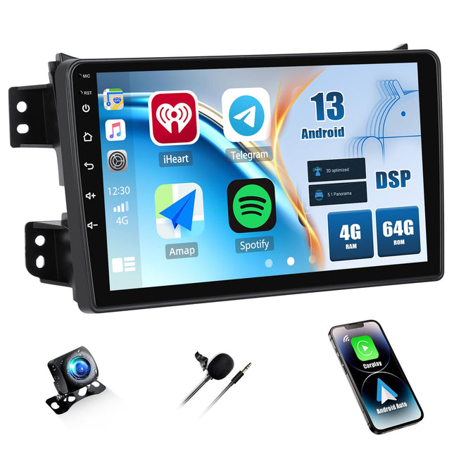 CAMECHO 4+64G 9-tolline DSP autoraadio Suzuki Splash Ritz/Opel Agila 2004-2014 tahavaatekaameraga, Android 13 juhtmevaba Carplay Bluetooth HD raadio koos Android Auto FM/RDS GPS WiFi Mirror Link EQ-ga