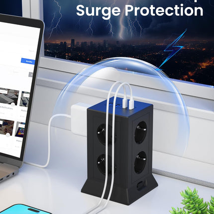8-suunaline pikendusjuhe 4 USB-C pistikupesa adapteriga, pikendusjuhe ülepingekaitsega, pistikupesa lülitiga, toitejaotur 2m kaabliga kontorisse ja koju, must