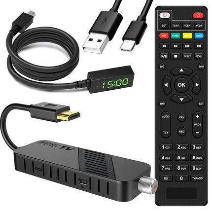 LEYF DVB-S2 satellite receiver, Full HD 1080P HDMI TV stick, satellite receiver, hidden behind TV, digital display, H265 HEVC Main 10 Bit, 2-in-1 universal remote control, USB