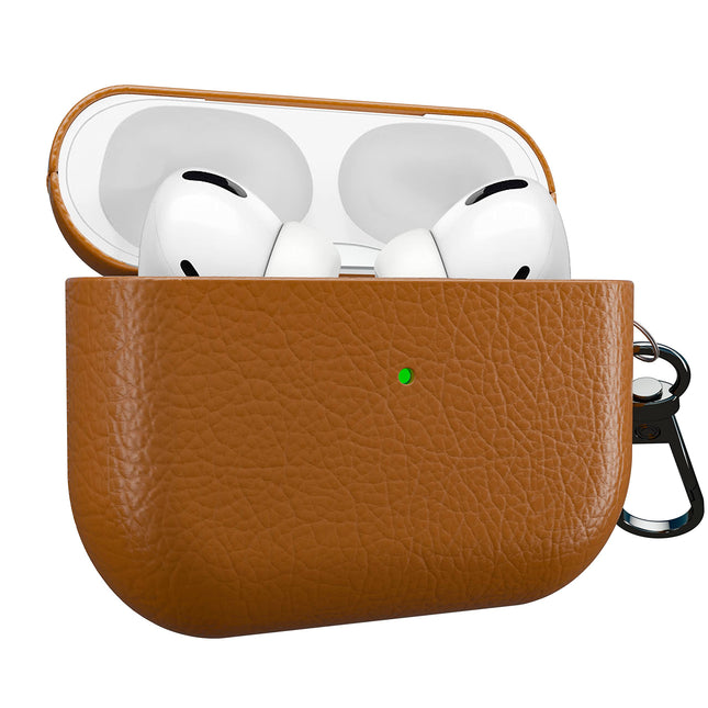 MyGadget Faux Leather Case Compatible with Apple Airpods Pro 1st Generation - Case [Qi Compatible] - Robust &amp; Shockproof Bumper with Carabiner in Dark Brown