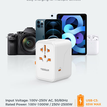 TESSANi ülemaailmne reisiadapter, 65 W GaN reisiadapteri kiirlaadija, reisipistik 2 USB ja 3 USB C-ga, universaalne Jaapani, Saksamaa, USA, Inglismaa ja Hiina jaoks