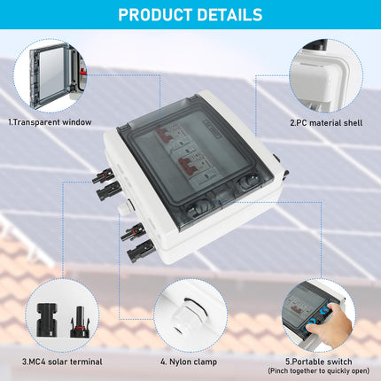 Ülepingekaitse PV, DC 40A/1000V lahklüliti, piksekaitselüliti (2 sisse ja 2 välja), päikesepaneelide ühenduskarp IP65 veekindlusega