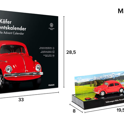 FRANZIS 55255 - VW Beetle'i advendikalender, punane, metallist mudelkomplekt mõõtkavas 1:43, sisaldab helimoodulit ja 52-leheküljelist raamatut