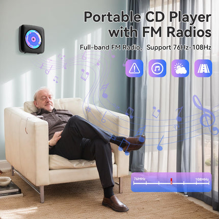 Raadio CD-mängijaga lastele: Kegaudio kaasaskantav CD-mängija Bluetooth-kõlariga, esipaneeliga, kaugjuhtimispuldiga, taimeriga, USB-taasesitusega, AUX-taasesitusega, must