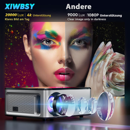 XIWBSY projektor 4K, 20000 luumeniga LED-projektor Androidile, Full HD 1080P Bluetooth-projektor, LED-kodukino videoprojektor 300 '' ekraan, sisseehitatud rakendus/WiFi peegeldav nutiprojektor
