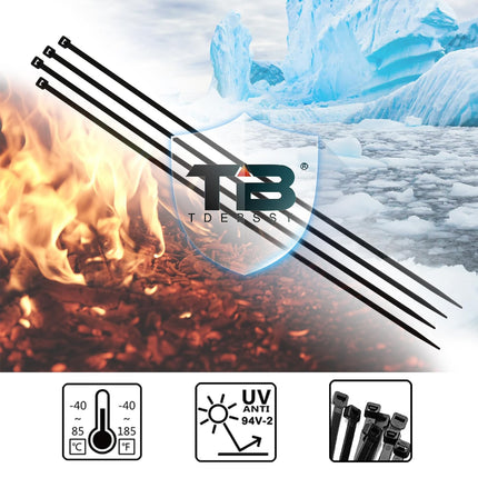 Cable Ties Black Set 700 Pieces, Cable Ties Small [3.6 mm] x 100/150/200/250/300 mm Tensile Strength 18 kg UV-Resistant Robust, Industrial Nylon Cable Tie Set