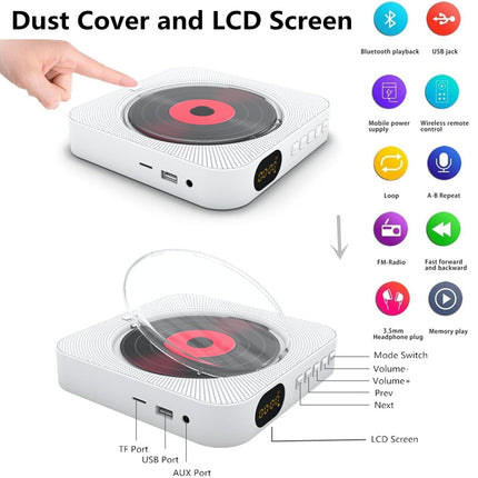 Adirigo CD Player with Bluetooth – Wall-mountable Music Player Home Audio Boombox with LCD Display and Dust Cover, Built-in HiFi Speakers with Remote Control FM Radio MP3